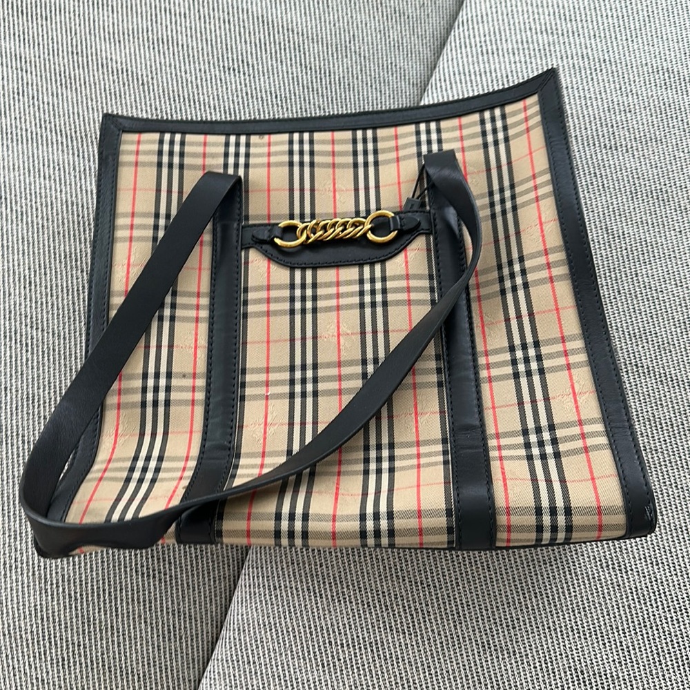 Authentic Burberry Haymarket Check Canvas and Leather Trim 1983 link tote